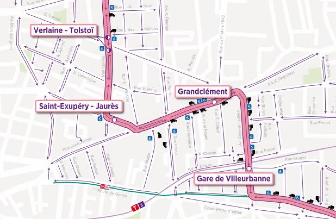 Plan de circulation entre les arrêts Verlaine - Tolstoï et gare de Villeurbanne.